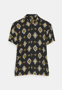Kortärmad svart skjorta med ett geometriskt mönster av gula och vita diamanter, tillverkad av lättviktig tyg med avslappnad passform.
