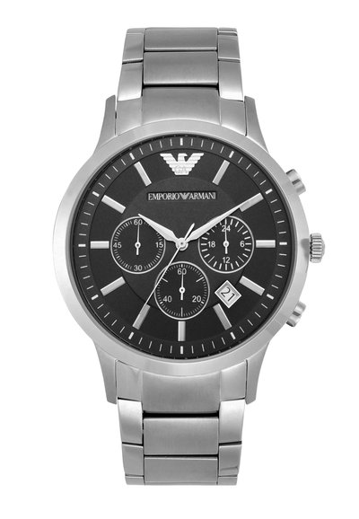 Ceas Emporio Armani de mână din metal argintiu, cu cadran negru, trei subcadrane, afișaj de dată la ora 4 și marcaje și ace argintii.
