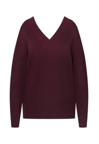 Syvän V-aukkoisen, pitkähihaisen ribbiknittipuseron luumu-värissä, esitelty valkoisella taustalla.