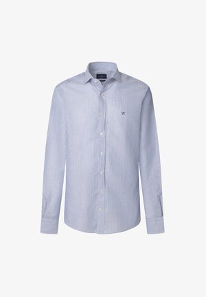 Stripet langermet skjorte i lyseblå og hvit bomull, med krage som kan kneppes ned og en liten brodert logo på brystet.