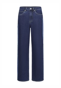 Mörkblå denimjeans med vide ben, utrustade med knappstängning, b�älteshällor och framfickor. Slät textur, klassisk stil.