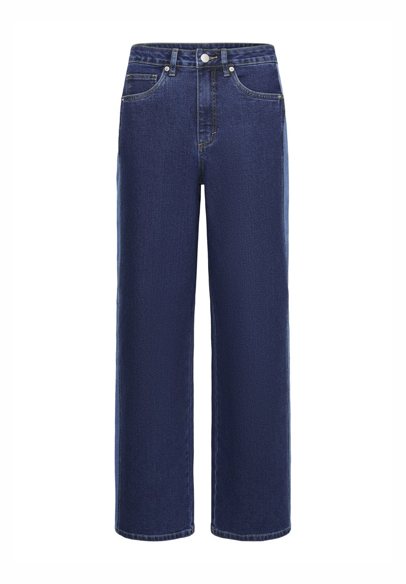 Mörkblå denimjeans med vide ben, utrustade med knappstängning, bälteshällor och framfickor. Slät textur, klassisk stil.