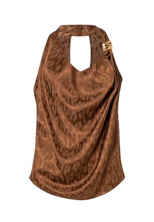 Bruine satijnen haltertop met subtiele luipaardprint, geplooide voorkant en gouden gespdetail op de halslijn.