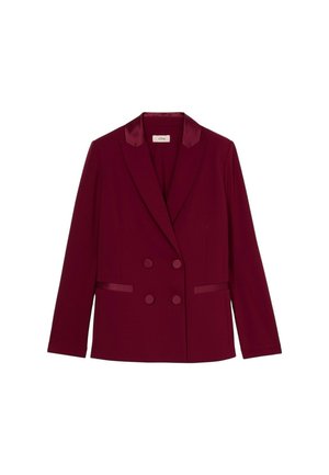 Burgunderfarbener, doppelt knöpfbarer Blazer mit samtigen Revers, Knöpfen und Seitentaschen; strukturiertes Design und glatte Textur.