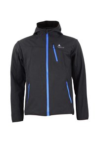 Veste en softshell noire avec fermeture éclair bleue, capuche et poches avant. Épaules saillantes et logo sur la poitrine. Texture lisse.