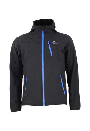Veste en softshell noire avec fermeture éclair bleue, capuche et poches avant. Épaules saillantes et logo sur la poitrine. Texture lisse.