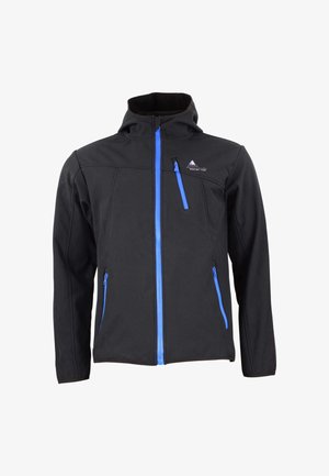 Veste en softshell noire avec fermeture éclair bleue, capuche et poches avant. Épaules saillantes et logo sur la poitrine. Texture lisse.