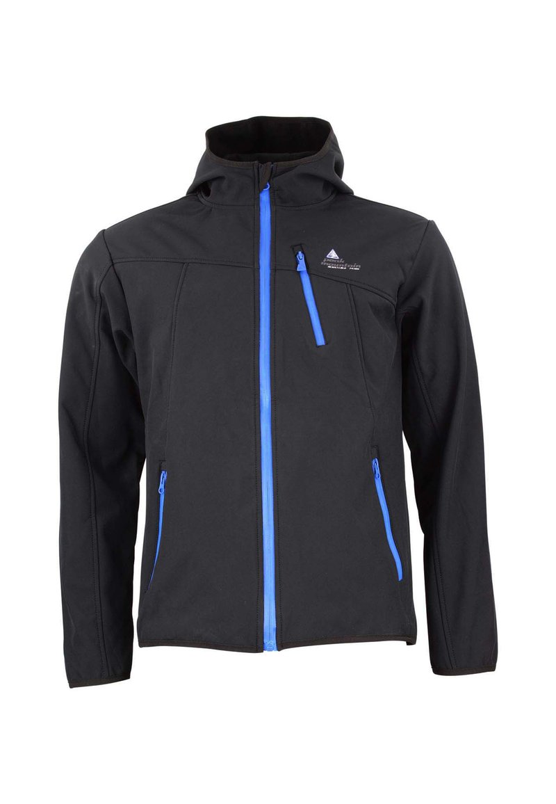 Veste en softshell noire avec fermeture éclair bleue, capuche et poches avant. Épaules saillantes et logo sur la poitrine. Texture lisse.