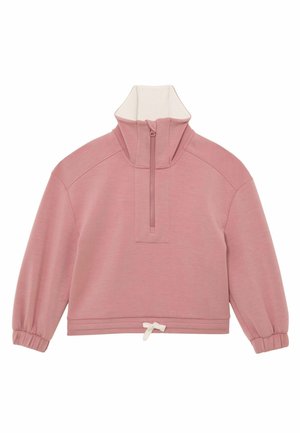 Rózsaszín pulóver futópulóver magas gallérral, fél cipzárral elöl, rugalmas mandzsettákkal és egy kis fehér zsinórmasnival az alján.