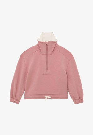 Ružová pulóverová mikina s vysokým golierom, polovičným zipsom vpredu, elastickými manžetami a malou bielou mašličkou so šnúrkou na leme.