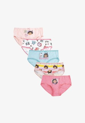 Meerkleurige katoenen meisjesondergoedset met cartoonfiguren; omvat roze, blauwe en witte paren met verschillende patronen en ontwerpen.