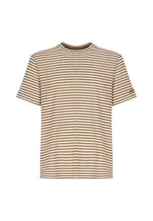 T-shirt a maniche corte con scollo rotondo, righe orizzontali bianche e marroni e piccolo logo sulla manica sinistra su sfondo bianco.