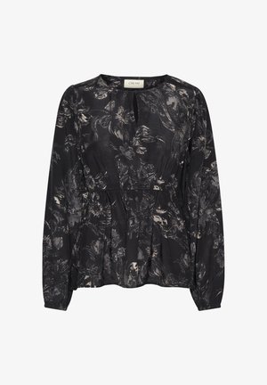 Crna peplum bluza s dugim rukavima, s cvjetnim uzorkom u nijansama sive, ključnim otvorom na vratnom izrezu i detaljem nabrane struk.
