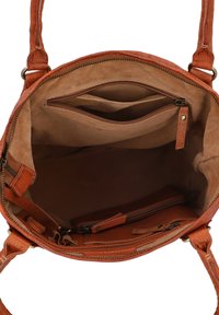 Borsa a mano in pelle color tan con un ampio interno, dotata di due tasche con zip, due tasche a soffietto e una morbida fodera in tessuto.
