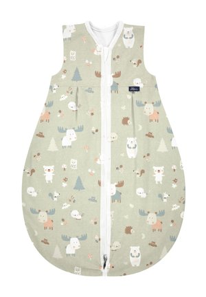 Hellgrüner Schlafsack mit Mustern von Waldtieren, einem Reißverschluss auf der Vorderseite, runder Form und weichem Stoff. 