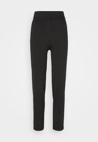 Pantalon noir cintré avec une taille haute et une ceinture élastique. Texture lisse, jambes droites, sans fermetures ni ornements visibles.