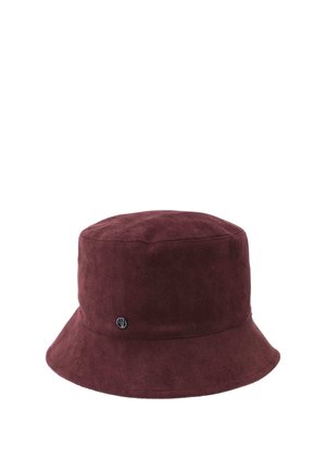 Soft suede burgundy bucket hat with a small round metal logo on the side, against a white background.