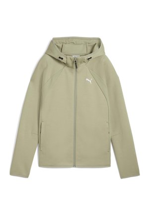 Felpa con zip di un verde chiaro, realizzata in materiale morbido. Presenta un cappuccio, tasche laterali e un logo bianco sul petto. Dettagli testurizzati sulle spalle.
