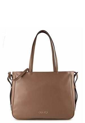 Borsa tote in pelle marrone con doppio manico, cinturini laterali regolabili e logo dorato "LIU JO" al centro sul davanti.