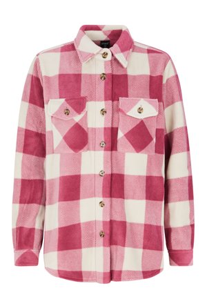 Flannel skjorte med et pink og hvidt checkmønster, standard krave, knaplukning og to brystlommer med klap og knapdetalje.