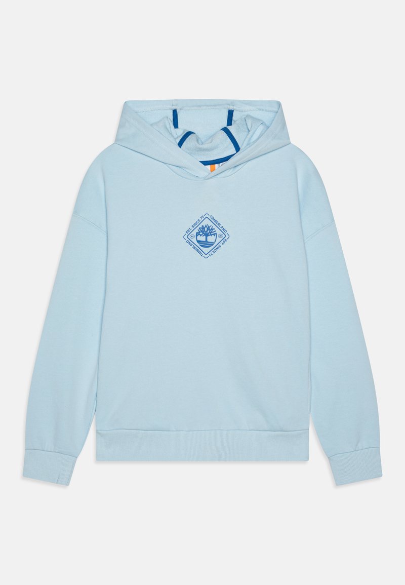 Sweatshirt à capuche bleu clair en tissu doux, avec un logo bleu en forme de diamant sur la poitrine et des poignets et un ourlet côtelés.