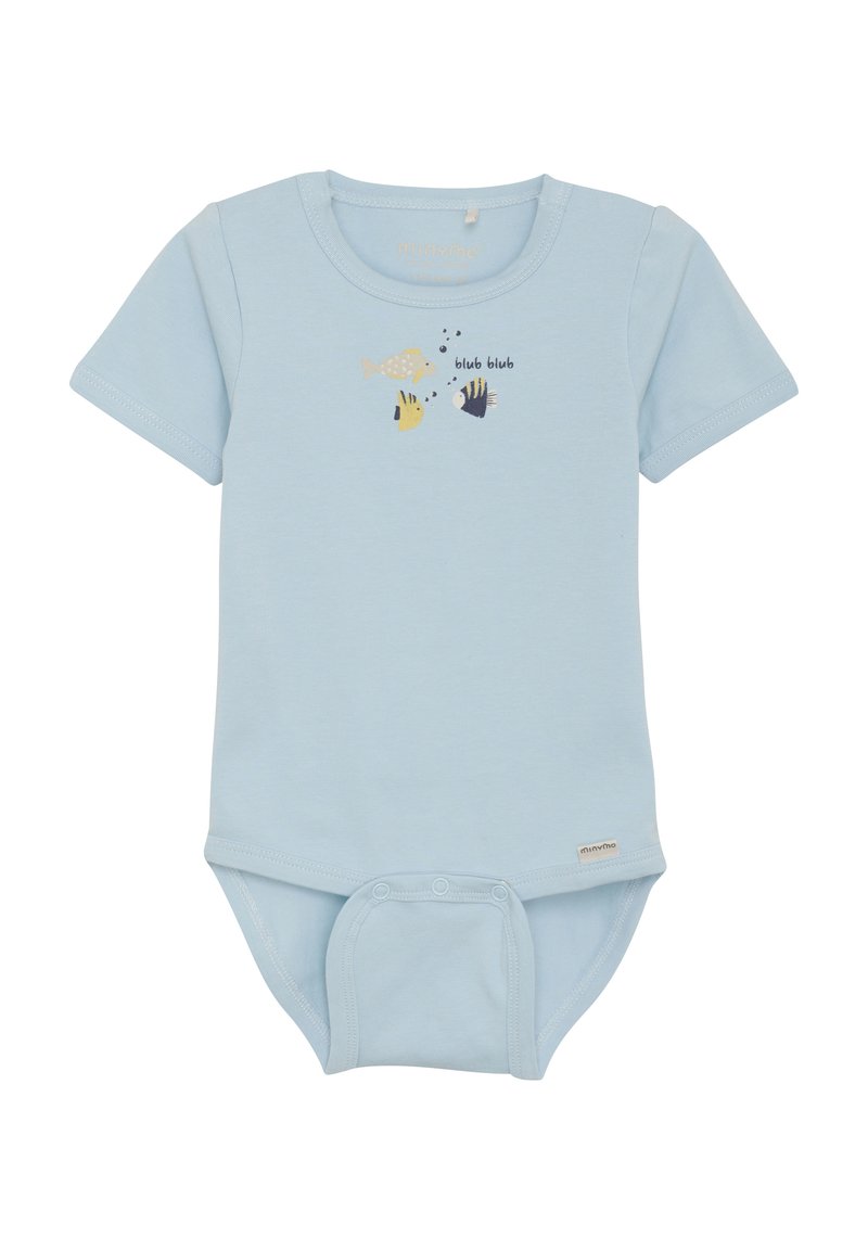 Ljusblå kortärmad babybody i mjuk bomull, med fiskillustrationer och tryckknappar i botten.