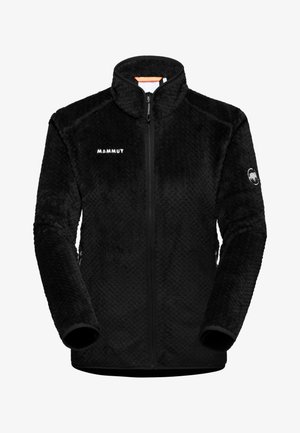 Schwarze Fleecejacke mit einem strukturierten Muster, hohem Kragen, durchgehendem Reißverschluss, Logo auf der Brust und einem runden Emblem auf dem Ärmel.