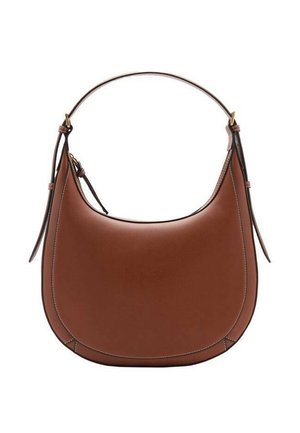 Brązowa skórzana torebka na ramię o zaokrąglonym kształcie, z pojedynczą górną rączką i kontrastowym przeszyciem wzdłuż krawędzi.