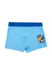 Boxer shorts azzurri con una cintura blu, caratterizzati da una stampa con la figura di un cane in uniforme di polizia su un lato.