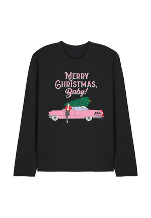 Black long-sleeve shirt with "Merry Christmas, Baby!" text, pink classic car, man in red jacket, and Christmas tree tied to car roof.