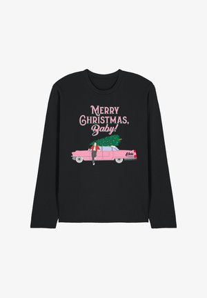 Black long-sleeve shirt with "Merry Christmas, Baby!" text, pink classic car, man in red jacket, and Christmas tree tied to car roof.