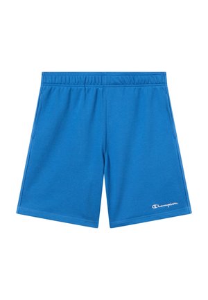 Niebieskie sportowe spodenki o długości do połowy uda z elastycznym paskiem w talii, bocznymi kieszeniami oraz białym logo Champion na lewym brzegu nogawki.