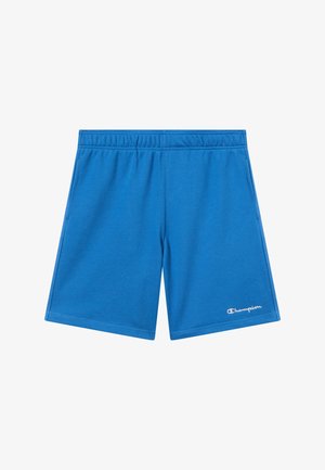 Niebieskie sportowe spodenki o długości do połowy uda z elastycznym paskiem w talii, bocznymi kieszeniami oraz białym logo Champion na lewym brzegu nogawki.
