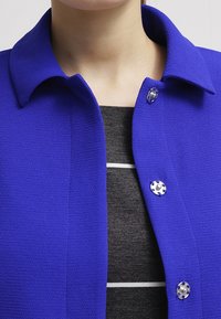 Giacca blu reale con colletto, tessuto testurizzato e bottoni argentati lucidi. Indossata sopra una maglietta a righe grigia e bianca.