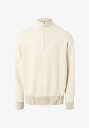 Cremefarbener Pullover mit hohem Rippkragen, halbem Reißverschluss vorne sowie gerippten Bündchen und Saum. Weicher, strukturiert Stoff.