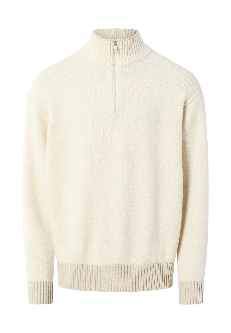 Krämfärgad pullovertröja med hög ribbad krage, halvmatchande dragkedja framtill och ribbade ärmslut och nederkant. Mjuk, strukturerad tyg.