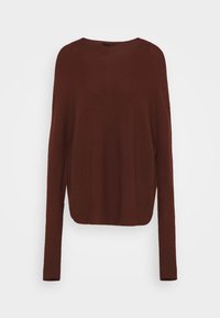 Langärmliger, dunkelbrauner Strickpullover mit Rundhalsausschnitt und lockerer Passform, vor einem weißen Hintergrund präsentiert.