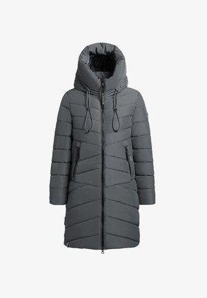 Lange grijze gewatteerde winterjas met hoge funnelnek capuchon, ritssluiting aan de voorkant, trekkoorden en ritszakken aan de zijkanten.