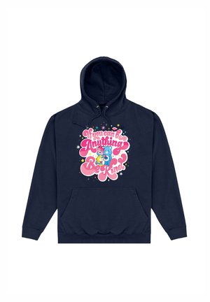 Granatowy sweatshirt z kieszenią z przodu, kapturem na sznurki i kolorową grafiką z napisem "Możesz być kimkolwiek, bądź miły" z postaciami z kreskówek i gwiazdkami.