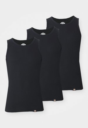 Schwarze gerippte Tanktops im Paket mit drei Stück. Mit rundem Halsausschnitt und ärmellosem Design, einem kleinen Logo am Saum. Weicher Stoff.