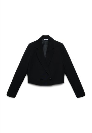 Blazer nero corto in tessuto liscio, con doppiopetto a due bottoni, ampi risvolti e maniche lunghe.