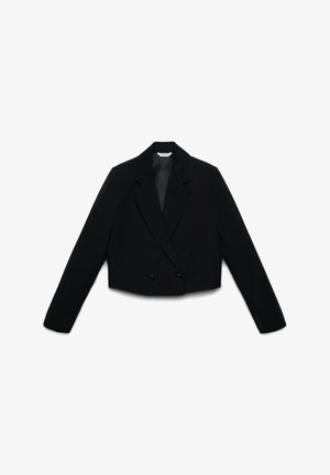 Blazer nero corto in tessuto liscio, con doppiopetto a due bottoni, ampi risvolti e maniche lunghe.