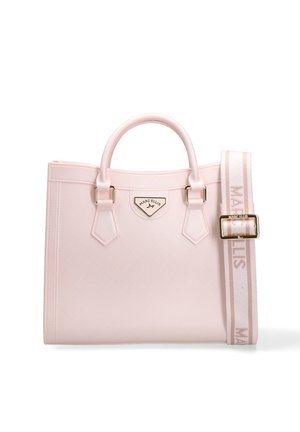 Lichtroze gestructureerde handtas met bovenhandvatten, gouden beslag en een afneembare band met het merk "Marc Ellis."