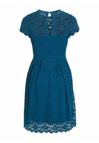 Robe en dentelle bleu sarcelle avec manches courtes, taille cintrée, ouverture clé dans le dos et ourlet festonné.