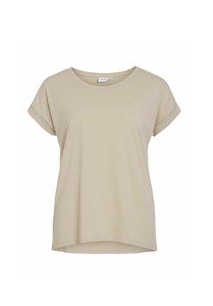 T-shirt beige en coton doux, avec un col rond, des manches courtes retroussées et un ourlet incurvé pour un ajustement décontracté.