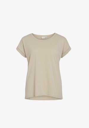 T-shirt beige realizzato in morbido cotone, con scollo rotondo, maniche corte arrotolate e orlo curvo per un fit rilassato.