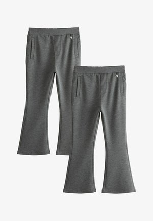 Zwei Paare graue ausgestellte Hosen mit Seitentaschen und kleinen herzförmigen Reißverschlussanhängern am Bund.