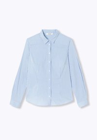 Chemise à boutons bleu clair rayée, à manches longues, avec un col pointu et des boutons blancs. Présente de fines rayures verticales et un ourlet droit.