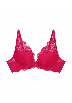 Fuchsia lace bra with padded cups, intricate floral detailing along the neckline and straps, and a small heart accent at the center.