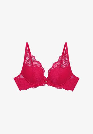 Fuchsia lace bra with padded cups, intricate floral detailing along the neckline and straps, and a small heart accent at the center.